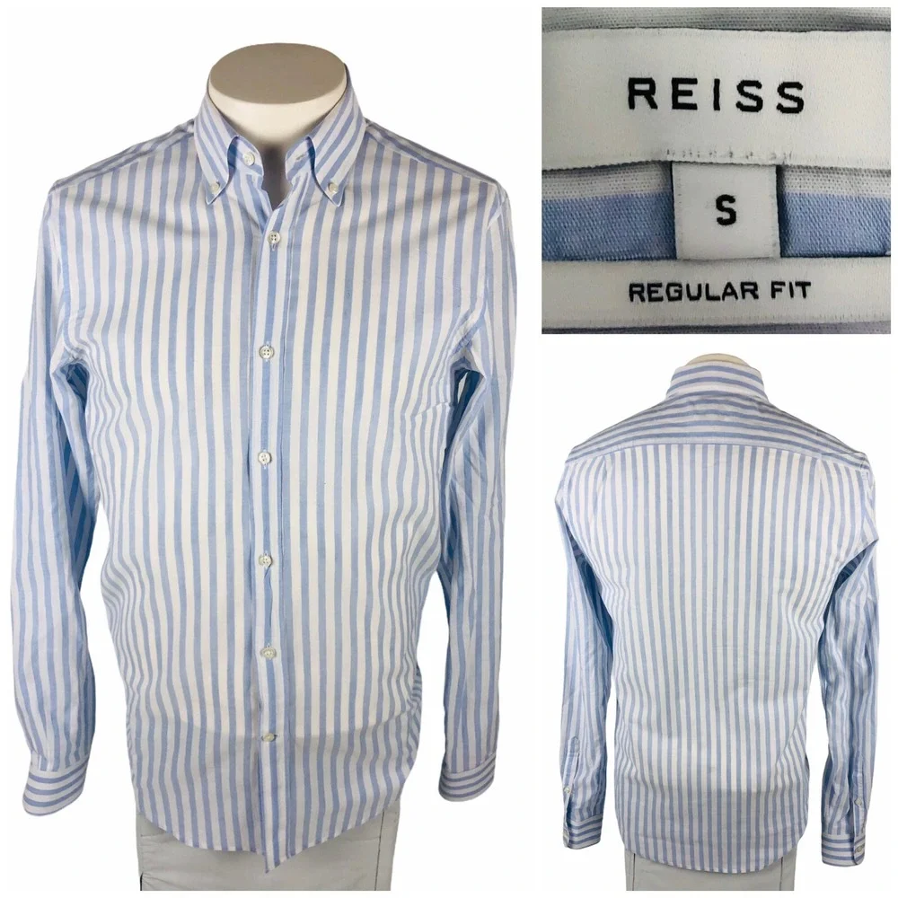 Reiss Mens Small Shirt Striped Blue White Cotton Linen Blend Button Front EUC
